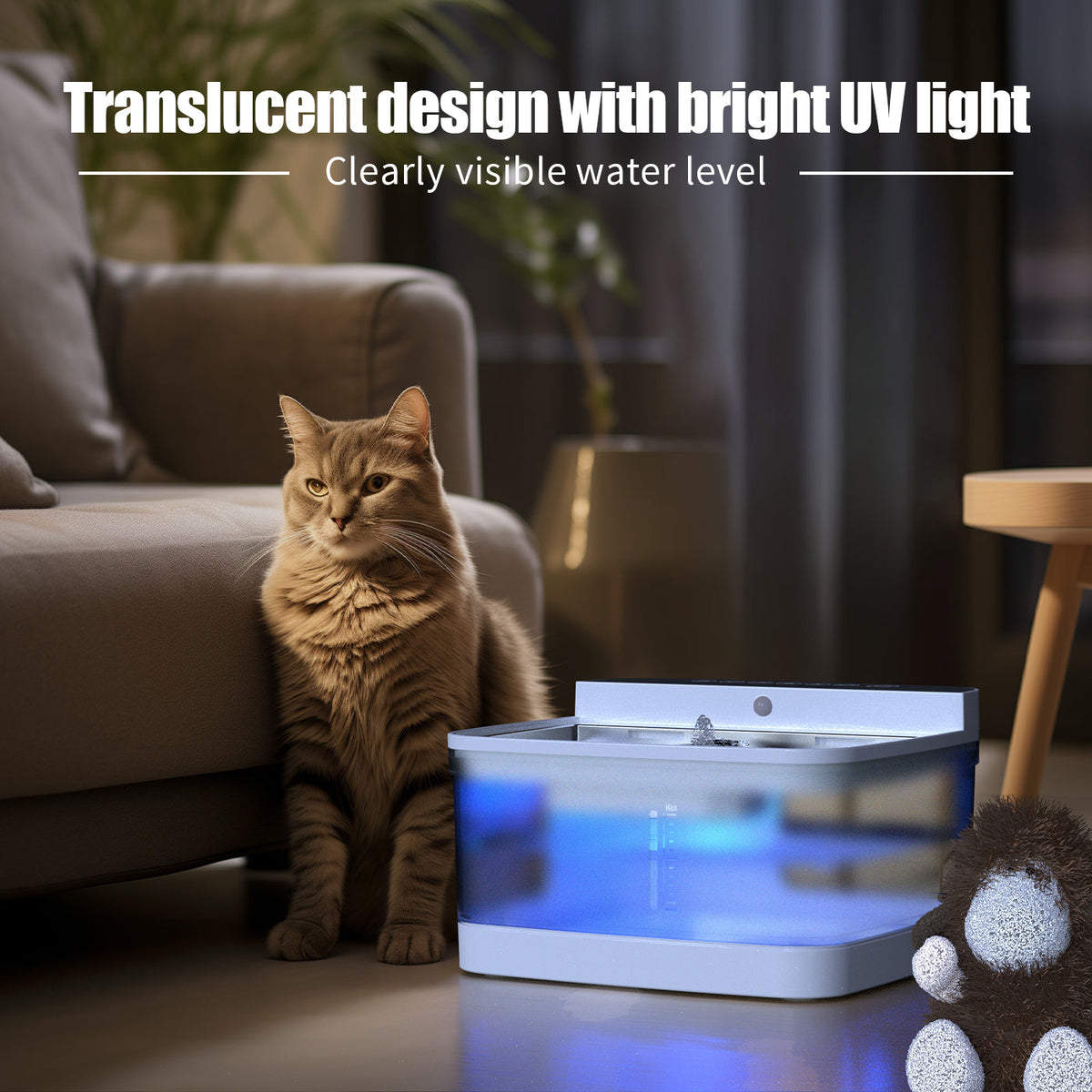 Automatic pet water fountain with 3.5L transparent tank and stainless steel drinking surface for fresh, circulating water