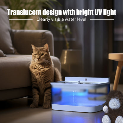 Automatic pet water fountain with 3.5L transparent tank and stainless steel drinking surface for fresh, circulating water