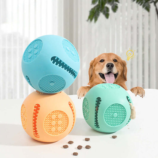 Bite-resistant dog toy ball in blue and orange, promoting fun and dental health for playful dogs.